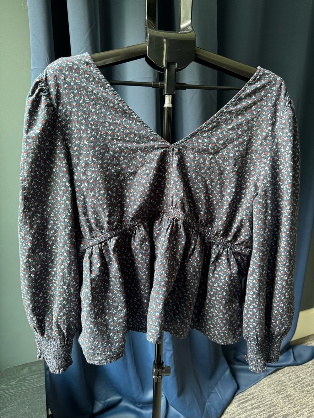 Madewell Campden Daisies Tie Back Peplum Top in Deep Indigo Blue Red Floral Sz X